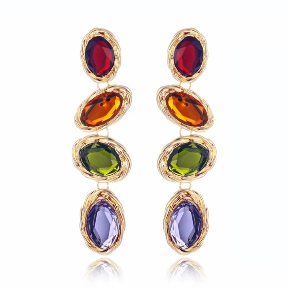 Vintage Style Colorful Crystal Indian Boho Gemstone Drop Statment Gold Earrings